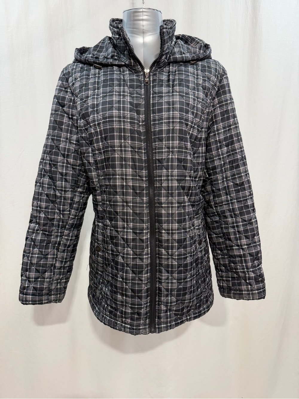 Northern Reflections Plaid Quilted Hooded Jacket Black Grey Woman’s Size XL